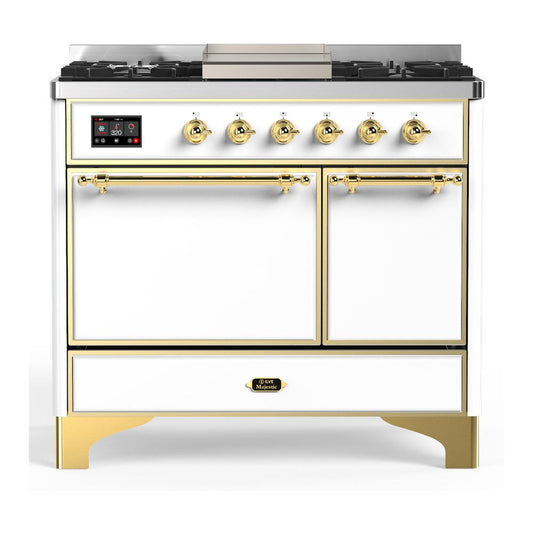Ilve UMD40FQNR3WHG Ilve Umd40Fqnr3Whg Majestic Iii 40 Inch Dual Fuel Range With 6 Burners And Griddle, Dual Function Burner Up To 25,000 Btu (Natural Gas, Solid Door, White, Brass)