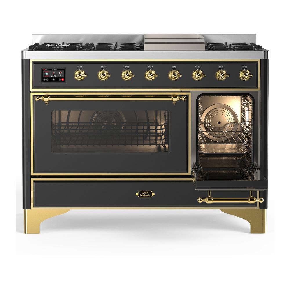 Ilve UM48FNR3MGGLP Ilve Um48Fnr3Mgglp Majestic Iii 48 Inch Dual Fuel Range With 8 Burners And Griddle, Dual Function Burner Up To 25,000 Btu (Liquid Propane, Triple Glass Door, Graphite Matte, Brass)