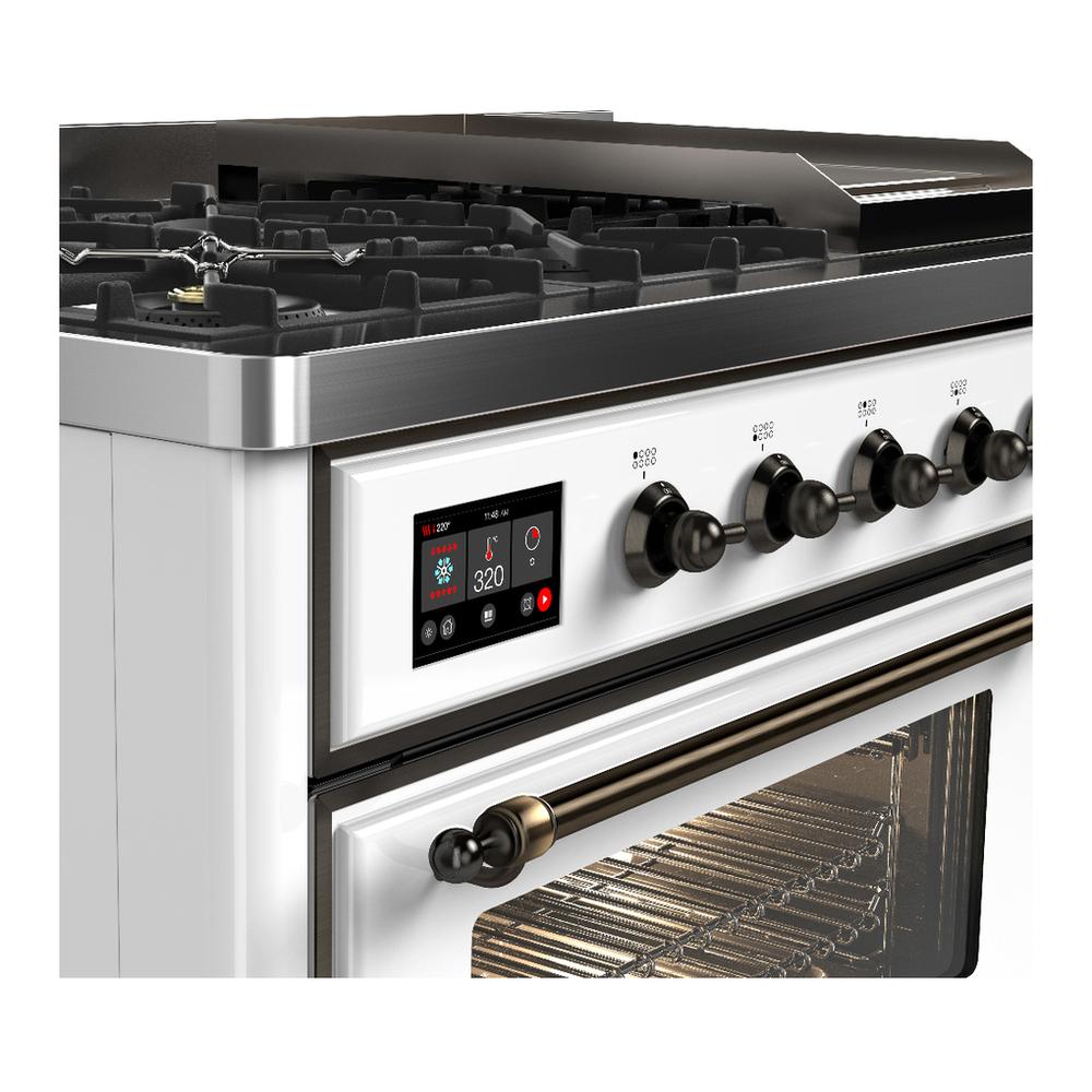 Ilve UM48FNR3WHB Ilve Um48Fnr3Whb Majestic Iii 48 Inch Dual Fuel Range With 8 Burners And Griddle, Dual Function Burner Up To 25,000 Btu (Natural Gas, Triple Glass Door, White, Burnished)