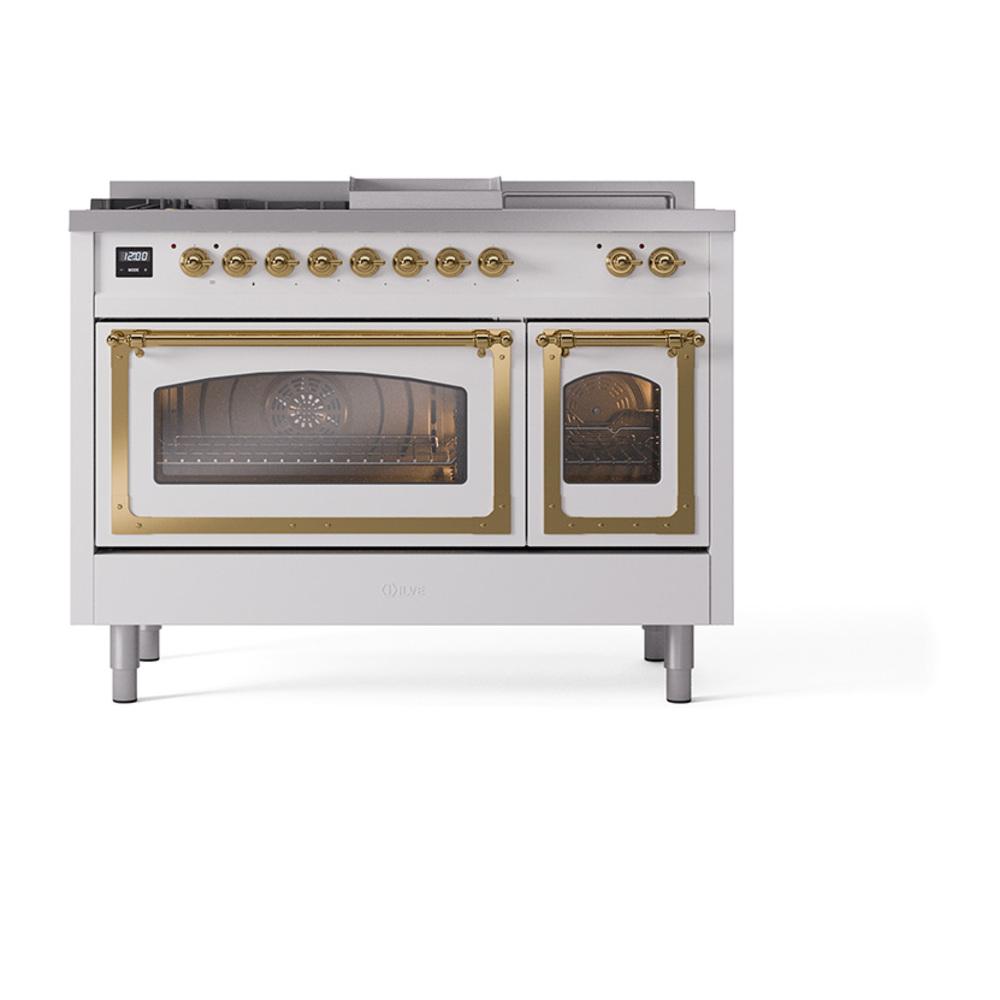 Ilve UN48FSNMPRAGLP Ilve Un48Fsnmpraglp Nostalgie Ii Noblesse 48" Dual Fuel Range (5 Sealed Burners + Griddle + French Top, Liquid Propane, Triple Glass Door, Ral, Brass)