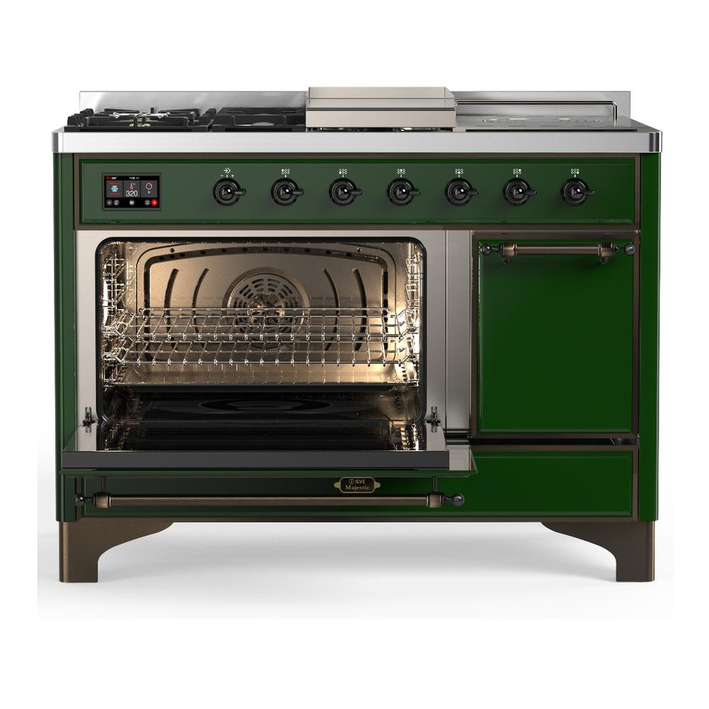 Ilve UM48FSQNR3EGB Ilve Um48Fsqnr3Egb Majestic Iii 48 Inch Dual Fuel Range With 5 Black Brass Burners, Griddle And French Top, Dual Function Burner Up To 25,000 Btu (Natural Gas, Solid Door, Emerald Green, Burnished)