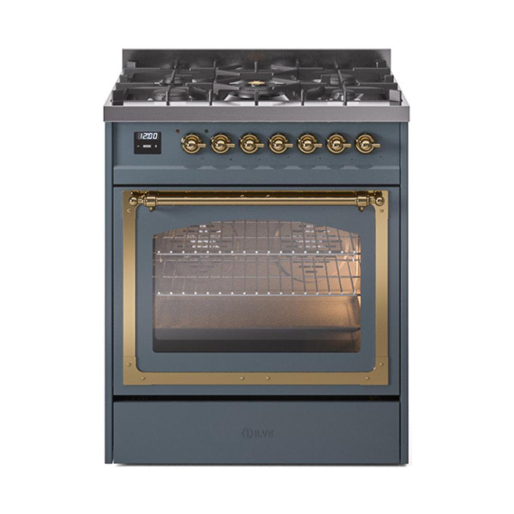 Ilve UN30NMPBGG Ilve Un30Nmpbgg Nostalgie Ii Noblesse 30" Dual Fuel Range (Natural Gas, Triple Glass Door, Blue Grey, Brass)
