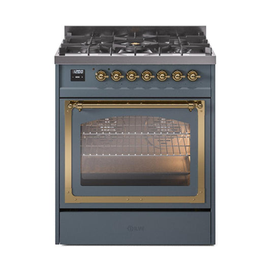 Ilve UN30NMPBGG Ilve Un30Nmpbgg Nostalgie Ii Noblesse 30" Dual Fuel Range (Natural Gas, Triple Glass Door, Blue Grey, Brass)