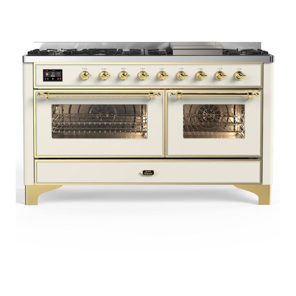 Ilve UM60FNR3AWG Ilve Um60Fnr3Awg Majestic Iii 60 Inch Dual Fuel Range With 9 Burners And Griddle, Dual Function Burner Up To 25,000 Btu (Natural Gas, Triple Glass Door, Antique White, Brass)