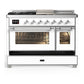 Ilve UM48FSNR3WHC Ilve Um48Fsnr3Whc Majestic Iii 48 Inch Dual Fuel Range With 5 Black Brass Burners, Griddle And French Top, Dual Function Burner Up To 25,000 Btu (Natural Gas, Triple Glass Door, White, Chrome)