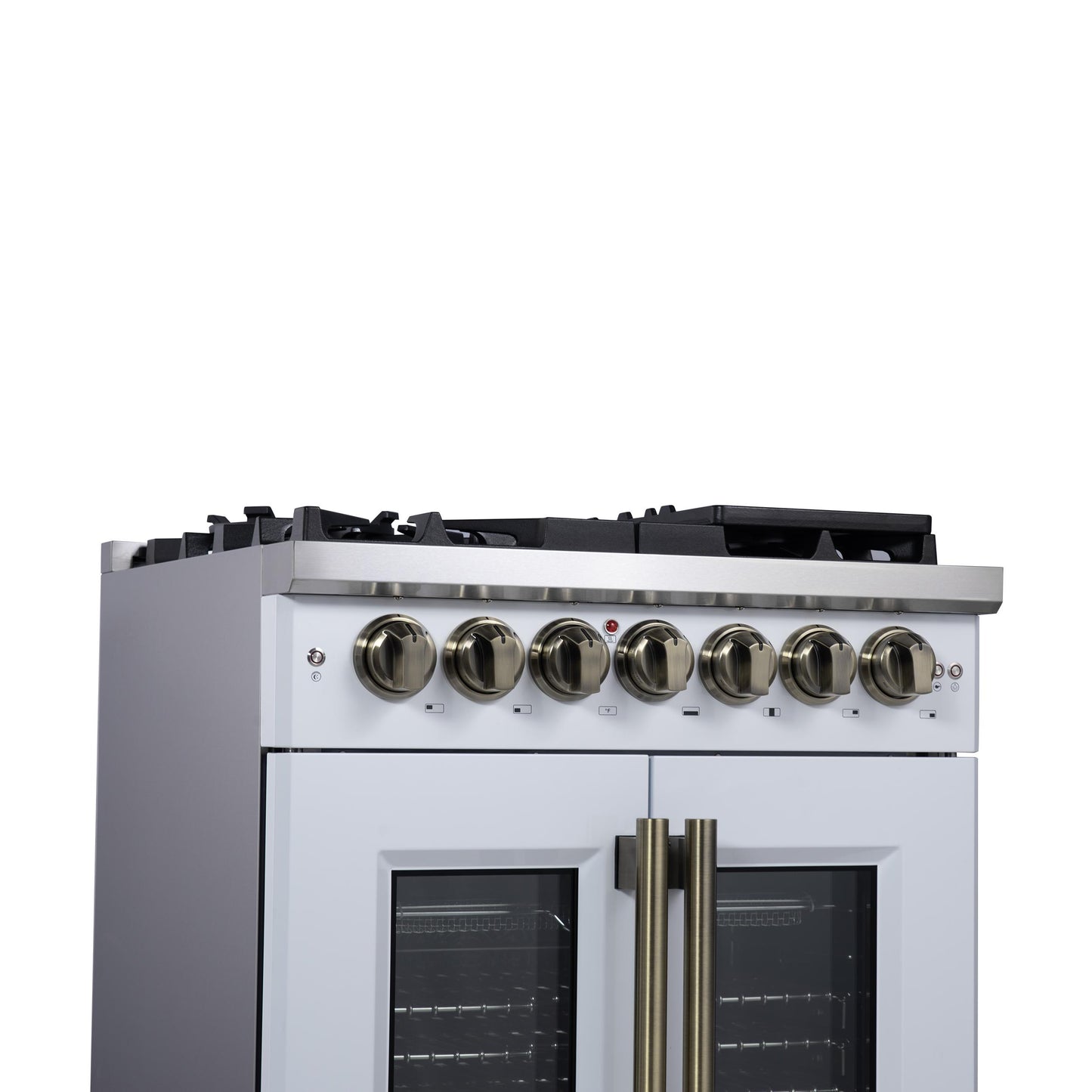 Forno FFSGS638730WHT Forno Capriasca 30-Inch Freestanding French Door Dual Fuel Range In White With Antique Brass Accessories, 5 Burners, True Convection Oven