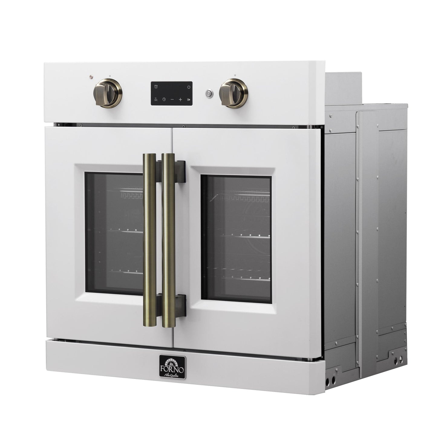 Forno FBOEL133330WHT Forno Asti 30-Inch French Door Electric Wall Oven In White & Antique Brass, 3.68 Cu. Ft. True Convection, 3,600W, Air Fry, Sous Vide, Self-Clean