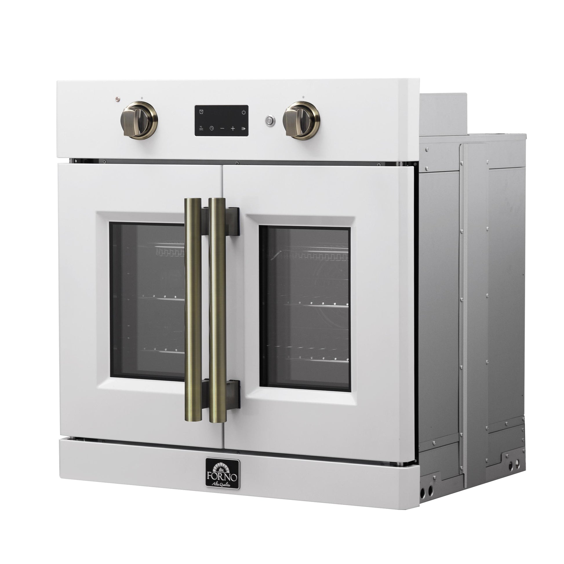 Forno FBOEL133330WHT Forno Asti 30-Inch French Door Electric Wall Oven In White & Antique Brass, 3.68 Cu. Ft. True Convection, 3,600W, Air Fry, Sous Vide, Self-Clean