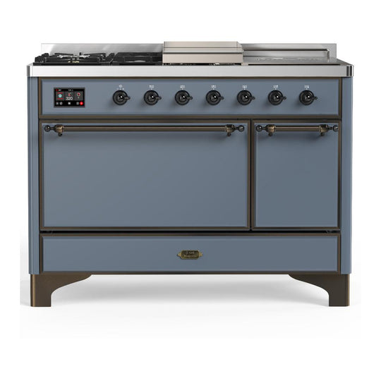Ilve UM48FSQNR3BGBLP Ilve Um48Fsqnr3Bgblp Majestic Iii 48 Inch Dual Fuel Range With 5 Black Brass Burners, Griddle And French Top, Dual Function Burner Up To 25,000 Btu (Liquid Propane, Solid Door, Blue Grey, Burnished)
