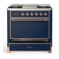 Ilve UM36FQNR3MBP Ilve Um36Fqnr3Mbp Majestic Iii 36 Inch Dual Fuel Range With 6 Black Brass Burners And Griddle, Dual Function Burner Up To 25,000 Btu (Solid Door, Midnight Blue, Copper, Natural Gas)