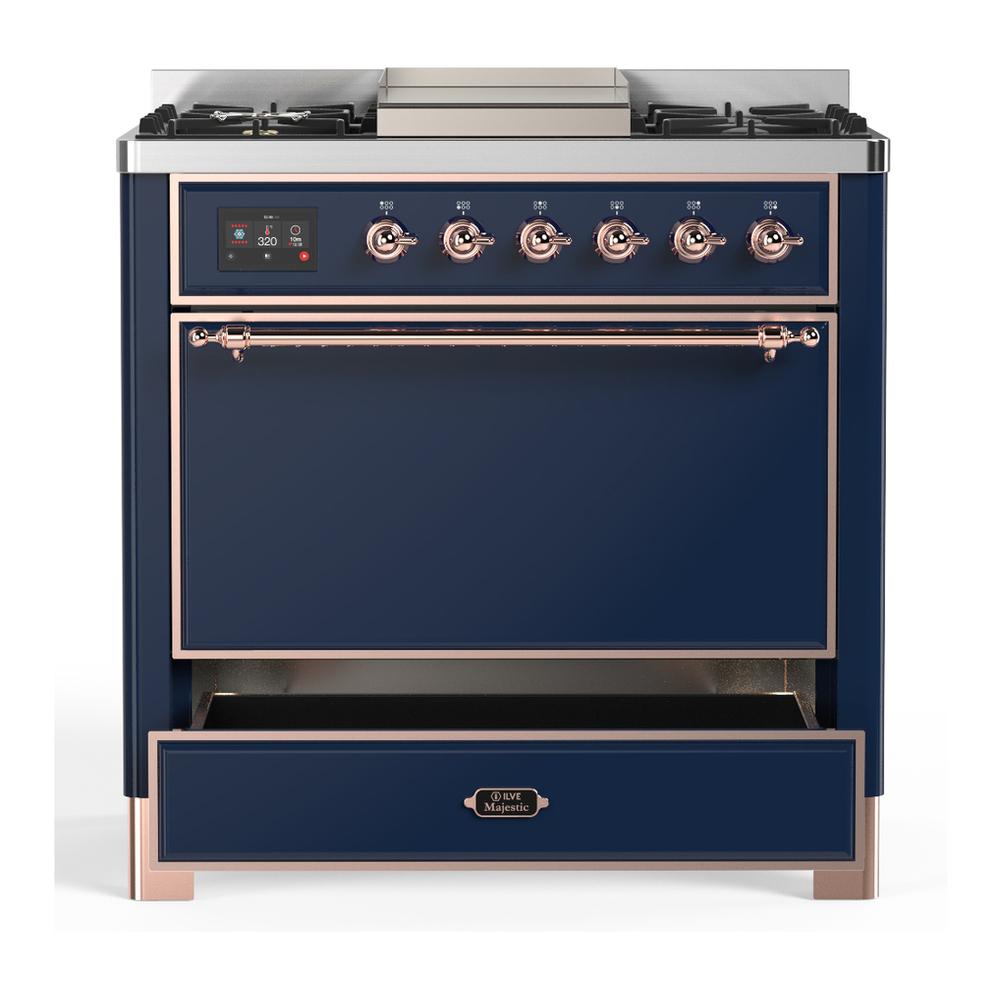 Ilve UM36FQNR3MBP Ilve Um36Fqnr3Mbp Majestic Iii 36 Inch Dual Fuel Range With 6 Black Brass Burners And Griddle, Dual Function Burner Up To 25,000 Btu (Solid Door, Midnight Blue, Copper, Natural Gas)