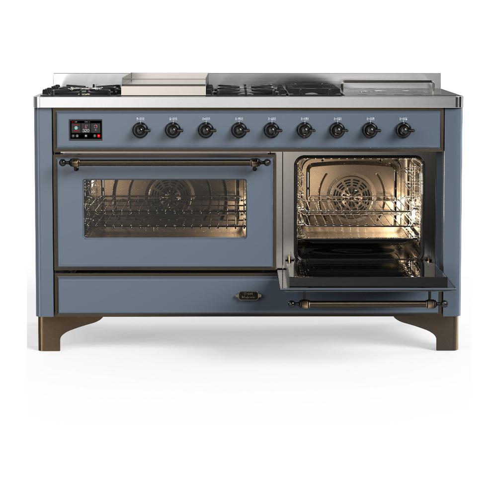 Ilve UM60FSNR3BGB Ilve Um60Fsnr3Bgb Majestic Iii 60 Inch Dual Fuel Range With 7 Burners, Griddle And French Top, Dual Function Burner With Up To 25,000 Btu (Natural Gas, Triple Glass Door, Blue Grey, Burnished)