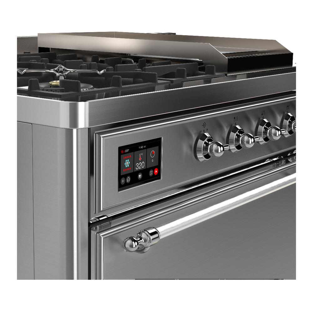 Ilve UM48FSQNR3SSCLP Ilve Um48Fsqnr3Ssclp Majestic Iii 48 Inch Dual Fuel Range With 5 Black Brass Burners, Griddle And French Top, Dual Function Burner Up To 25,000 Btu (Liquid Propane, Solid Door, Stainless Steel, Chrome)
