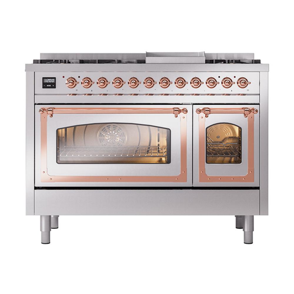 Ilve UN48FNMPSSP Ilve Un48Fnmpssp Nostalgie Ii Noblesse 48" Dual Fuel Range (8 Sealed Burners + Griddle, Natural Gas, Triple Glass Door, Stainless Steel, Copper)