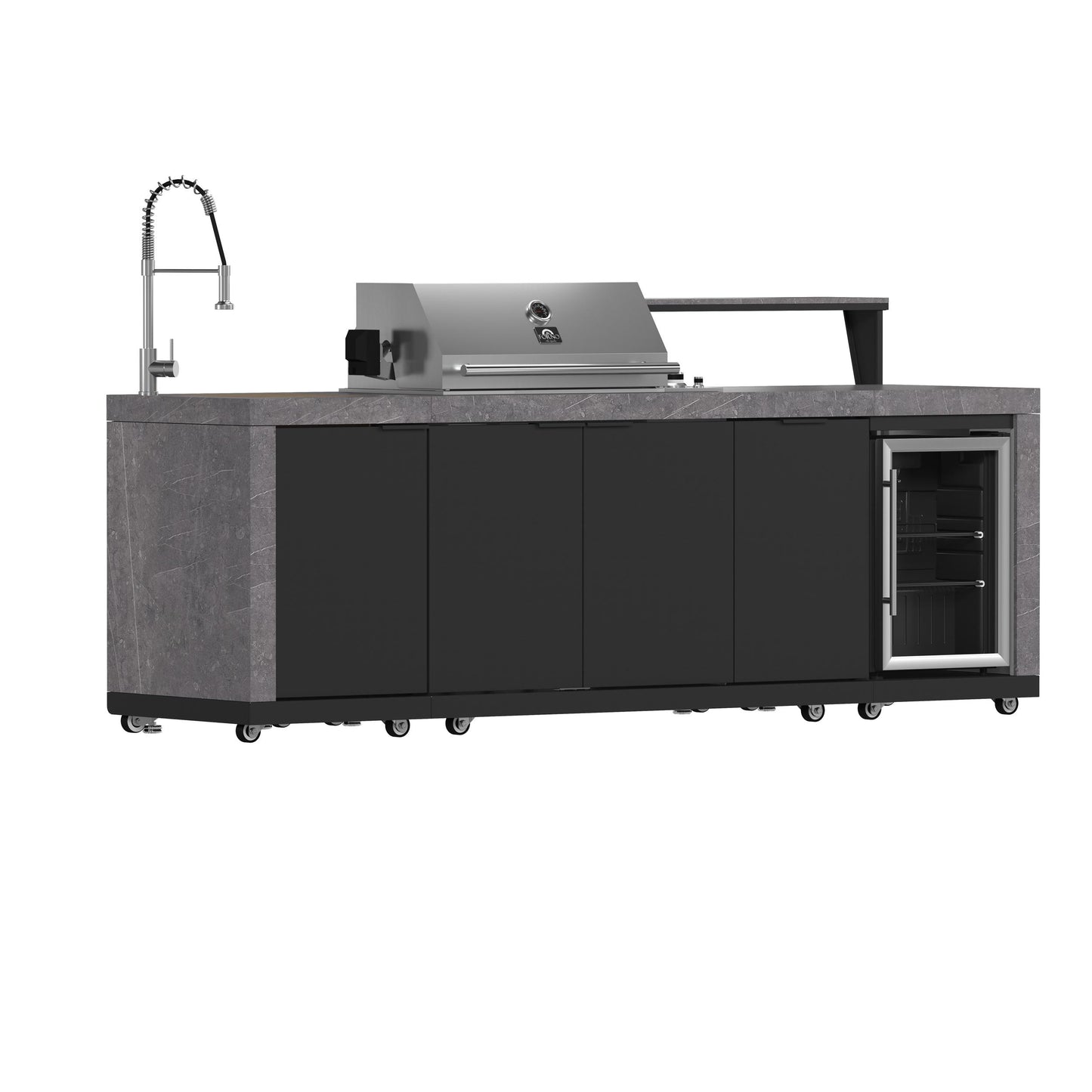 Forno FODKT2544BLK Forno Rimini Outdoor Kitchen 30" Bbq 62,600 Btu, 3 Burners With Sear & Rotisserie, 2.4 Cu.Ft. Beverage Center, Stainless Steel Sink, Black Cabinets & Gray Sintered Stone Countertop