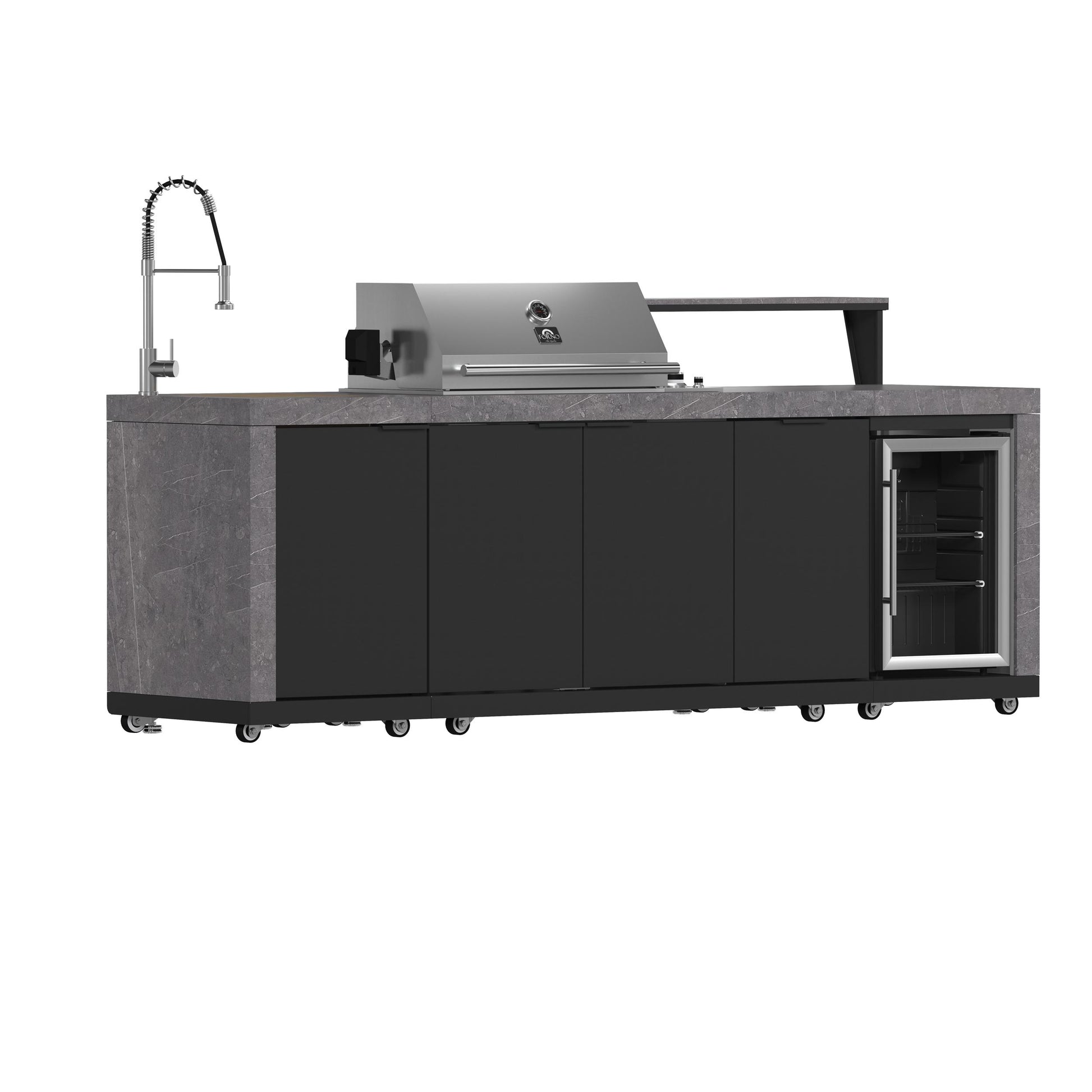 Forno FODKT2544BLK Forno Rimini Outdoor Kitchen 30" Bbq 62,600 Btu, 3 Burners With Sear & Rotisserie, 2.4 Cu.Ft. Beverage Center, Stainless Steel Sink, Black Cabinets & Gray Sintered Stone Countertop