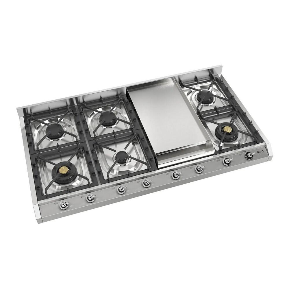 Ilve UHCP1265FNSSCLP Ilve Uhcp1265Fnssclp Nostalgie Ii 48 Inch Gas Cooktop With 8 Burners, Griddle, In Stainless Steel (Liquid Propane, Chrome)