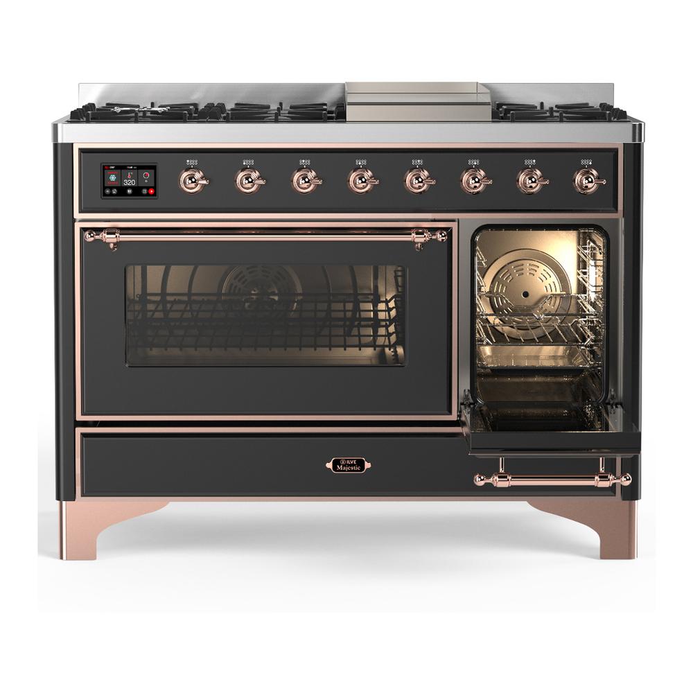 Ilve UM48FNR3MGPLP Ilve Um48Fnr3Mgplp Majestic Iii 48 Inch Dual Fuel Range With 8 Burners And Griddle, Dual Function Burner Up To 25,000 Btu (Liquid Propane, Triple Glass Door, Graphite Matte, Copper)