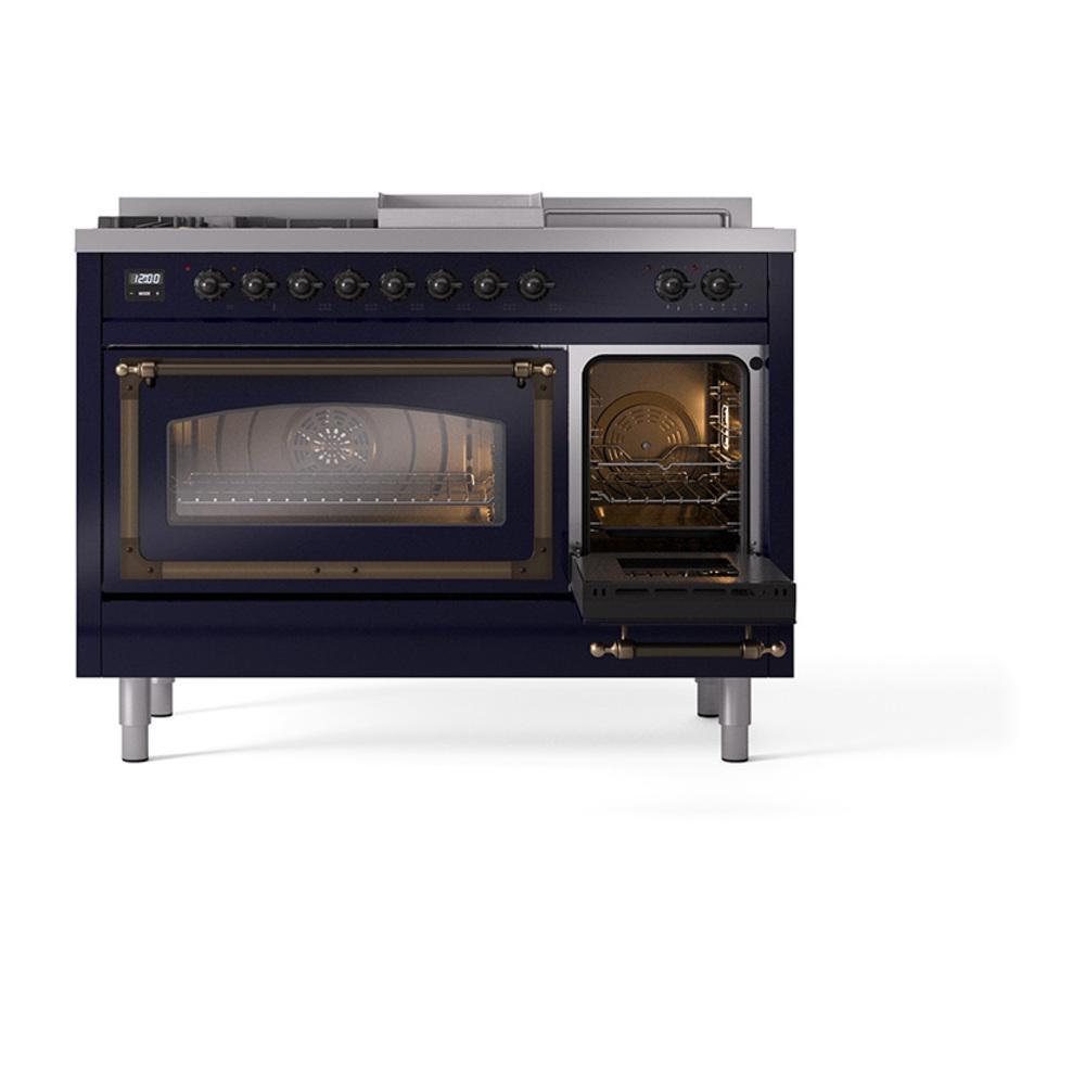 Ilve UN48FSNMPMBB Ilve Un48Fsnmpmbb Nostalgie Ii Noblesse 48" Dual Fuel Range (5 Sealed Burners + Griddle + French Top, Natural Gas, Triple Glass Door, Midnight Blue, Burnished)