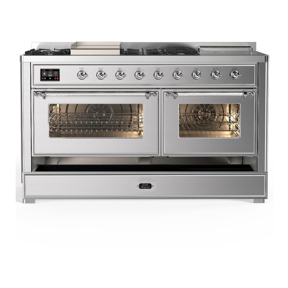 Ilve UM60FSNR3SSCLP Ilve Um60Fsnr3Ssclp Majestic Iii 60 Inch Dual Fuel Range With 7 Burners, Griddle And French Top, Dual Function Burner With Up To 25,000 Btu (Liquid Propane, Triple Glass Door, Stainless Steel, Chrome)