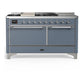 Ilve UM60FSQNR3BGCLP Ilve Um60Fsqnr3Bgclp Majestic Iii 60 Inch Dual Fuel Range With 7 Burners, Griddle And French Top, Dual Function Burner With Up To 25,000 Btu (Liquid Propane, Solid Door, Blue Grey, Chrome)
