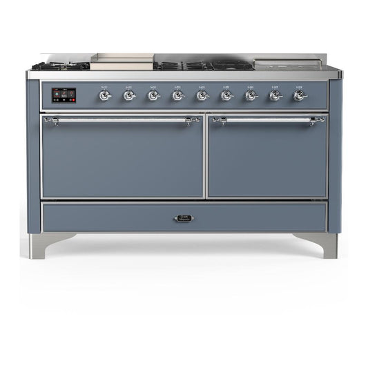 Ilve UM60FSQNR3BGCLP Ilve Um60Fsqnr3Bgclp Majestic Iii 60 Inch Dual Fuel Range With 7 Burners, Griddle And French Top, Dual Function Burner With Up To 25,000 Btu (Liquid Propane, Solid Door, Blue Grey, Chrome)