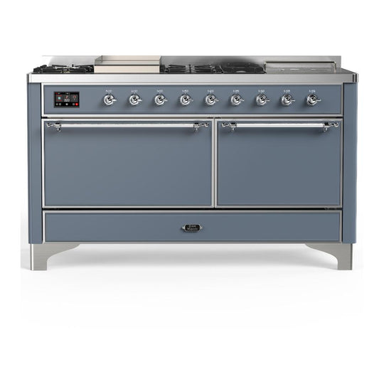 Ilve UM60FSQNR3BGCLP Ilve Um60Fsqnr3Bgclp Majestic Iii 60 Inch Dual Fuel Range With 7 Burners, Griddle And French Top, Dual Function Burner With Up To 25,000 Btu (Liquid Propane, Solid Door, Blue Grey, Chrome)