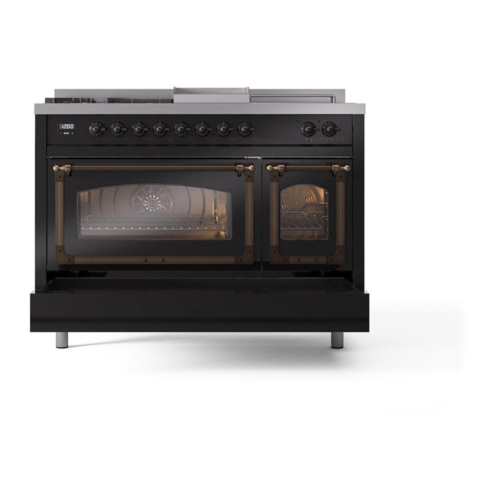 Ilve UN48FSNMPBKB Ilve Un48Fsnmpbkb Nostalgie Ii Noblesse 48" Dual Fuel Range (5 Sealed Burners + Griddle + French Top, Natural Gas, Triple Glass Door, Glossy Black, Burnished)
