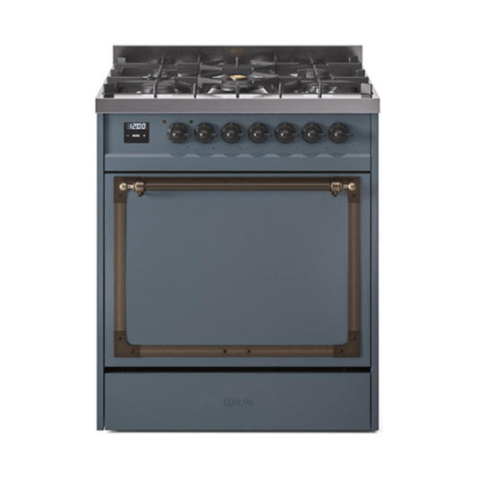 Ilve UN30QNMPBGB Ilve Un30Qnmpbgb Nostalgie Ii Noblesse 30" Dual Fuel Range (Natural Gas, Solid Door, Blue Grey, Burnished)