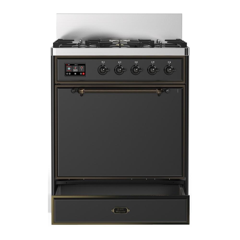 Ilve UM30QNR3MGBLP Ilve Um30Qnr3Mgblp Majestic Iii 30 Inch Dual Fuel Range With 5 Black Brass Burners, Dual Function Burner Up To 25,000 Btu (Liquid Propane, Solid Door, Graphite Matte, Burnished)
