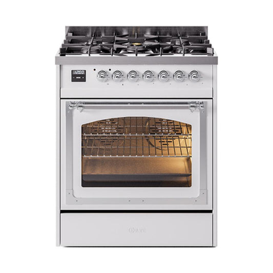 Ilve UN30NMPWHC Ilve Un30Nmpwhc Nostalgie Ii Noblesse 30" Dual Fuel Range (Natural Gas, Triple Glass Door, White, Chrome)