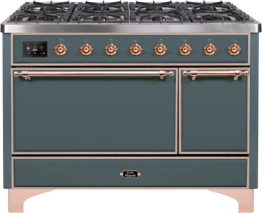 Ilve UM12FDQNS3BGP Majestic Ii 48 Inch Dual Fuel Natural Gas Freestanding Range In Blue Grey With Copper Trim