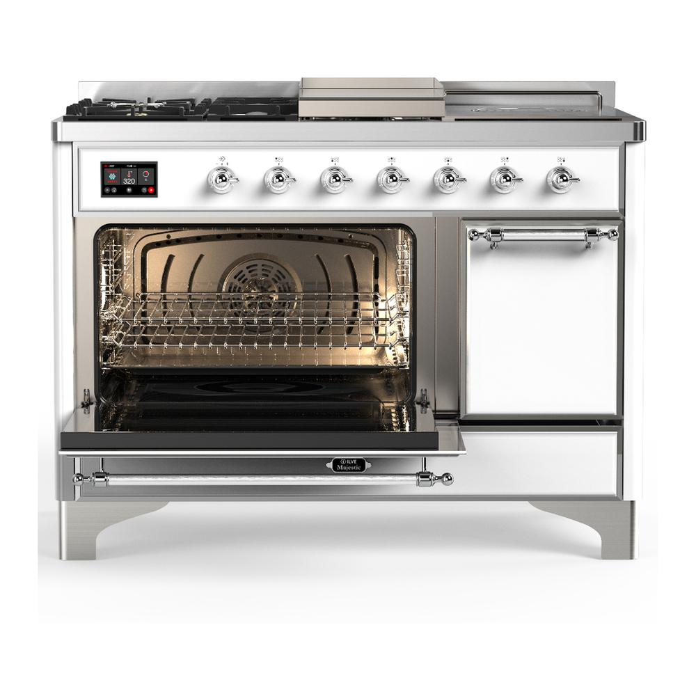 Ilve UM48FSQNR3WHC Ilve Um48Fsqnr3Whc Majestic Iii 48 Inch Dual Fuel Range With 5 Black Brass Burners, Griddle And French Top, Dual Function Burner Up To 25,000 Btu (Natural Gas, Solid Door, White, Chrome)