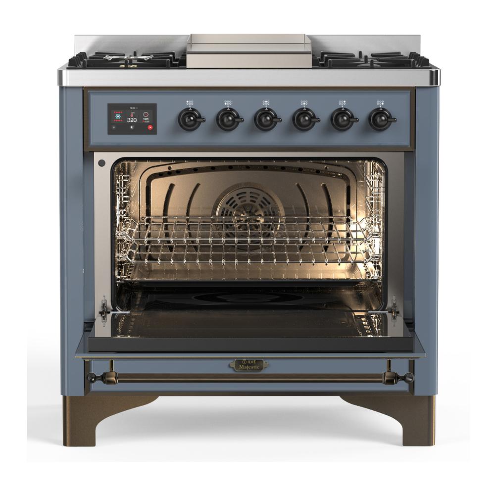 Ilve UM36FQNR3BGBLP Ilve Um36Fqnr3Bgblp Majestic Iii 36 Inch Dual Fuel Range With 6 Black Brass Burners And Griddle, Dual Function Burner Up To 25,000 Btu (Solid Door, Blue Grey, Burnished, Liquid Propane)
