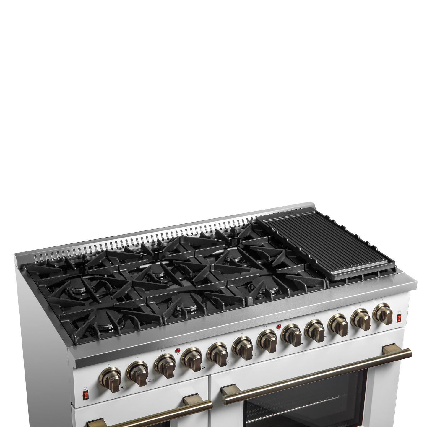 Forno FFSGS615648WHT Galiano 48-Inch Dual Fuel Range White & Antique Brass Design With 8 Sealed Burners 107,000 Btu, 6.58 Cu. Ft. Double Ovens & Griddle