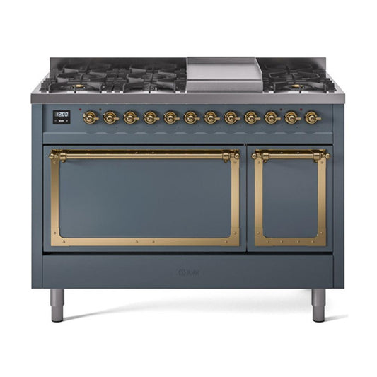 Ilve UN48FQNMPBGGLP Ilve Un48Fqnmpbgglp Nostalgie Ii Noblesse 48" Dual Fuel Range (8 Sealed Burners + Griddle, Liquid Propane, Solid Door, Blue Grey, Brass)