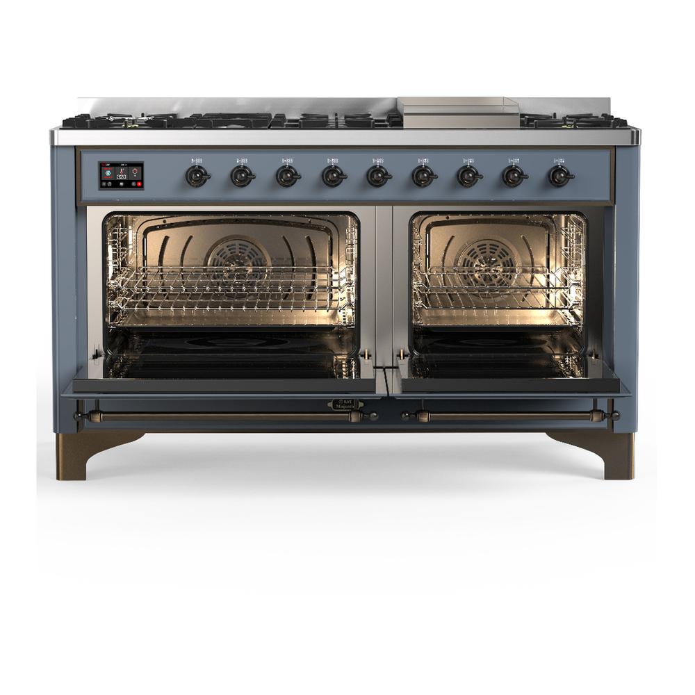 Ilve UM60FQNR3BGBLP Ilve Um60Fqnr3Bgblp Majestic Iii 60 Inch Dual Fuel Range With 9 Burners And Griddle, Dual Function Burner Up To 25,000 Btu (Liquid Propane, Solid Door, Blue Grey, Burnished)