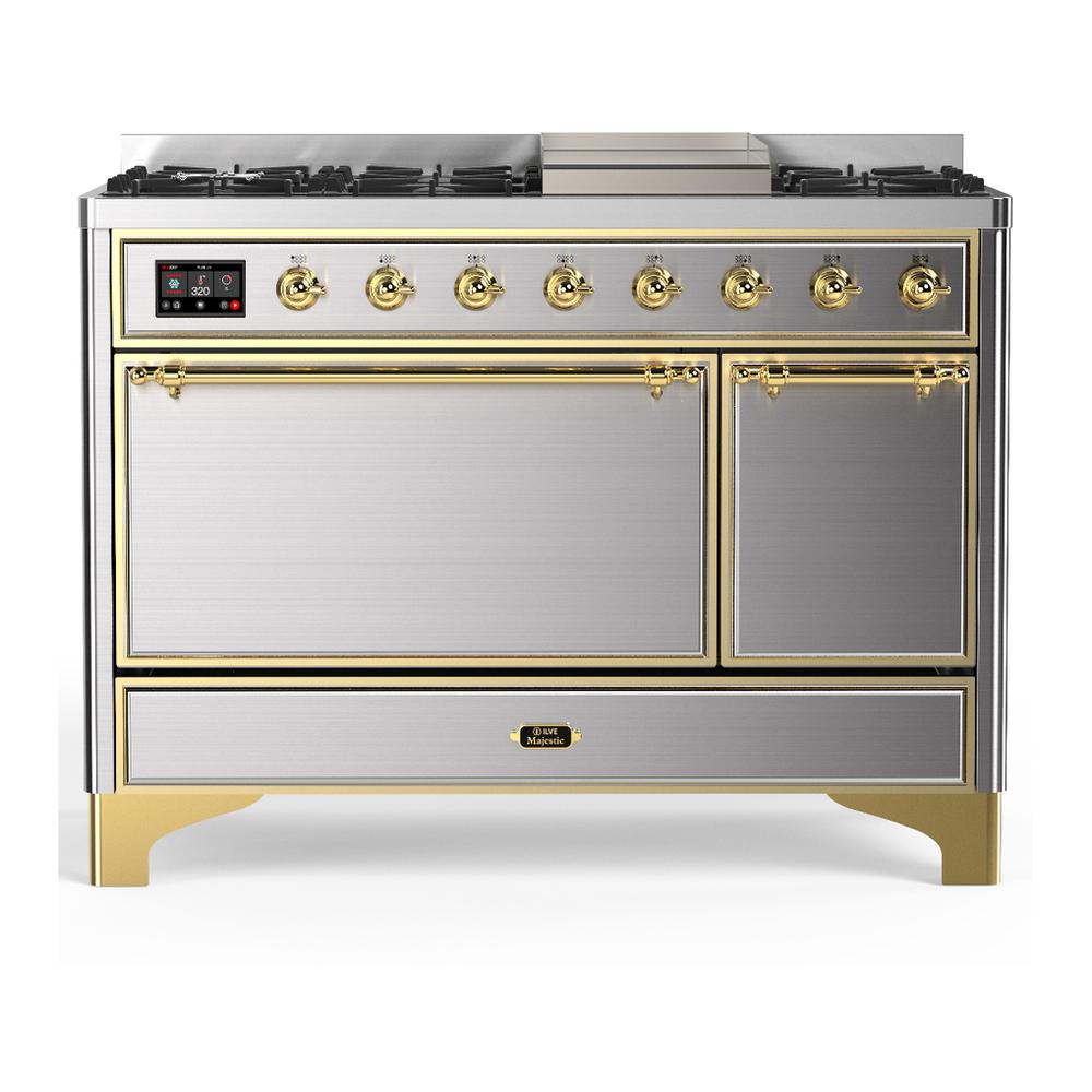Ilve UM48FQNR3SSG Ilve Um48Fqnr3Ssg Majestic Iii 48 Inch Dual Fuel Range With 8 Burners And Griddle, Dual Function Burner Up To 25,000 Btu (Natural Gas, Solid Door, Stainless Steel, Brass)