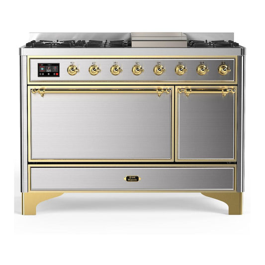 Ilve UM48FQNR3SSG Ilve Um48Fqnr3Ssg Majestic Iii 48 Inch Dual Fuel Range With 8 Burners And Griddle, Dual Function Burner Up To 25,000 Btu (Natural Gas, Solid Door, Stainless Steel, Brass)