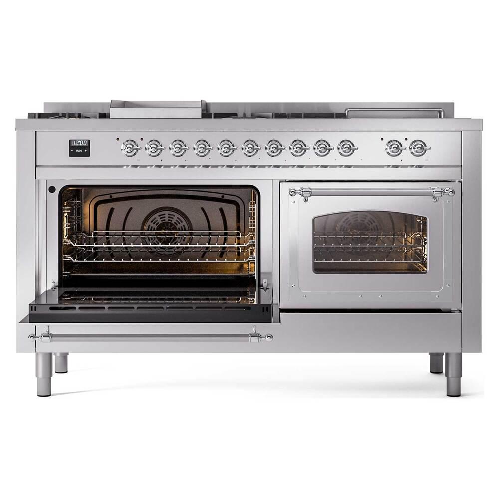 Ilve UN60FSNMPSSCLP Ilve Un60Fsnmpssclp Nostalgie Ii Noblesse 60" Dual Fuel Range (7 Sealed Burners + Griddle + French Top, Liquid Propane, Triple Glass Door, Stainless Steel, Chrome)