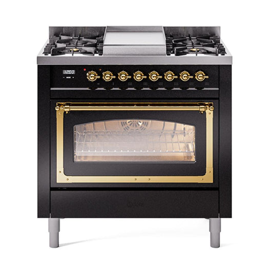 Ilve UN36FNMPBKGLP Ilve Un36Fnmpbkglp Nostalgie Ii Noblesse 36" Dual Fuel Range (Liquid Propane, Triple Glass Door, Glossy Black, Brass)