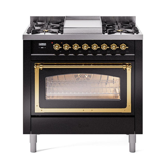 Ilve UN36FNMPBKGLP Ilve Un36Fnmpbkglp Nostalgie Ii Noblesse 36" Dual Fuel Range (Liquid Propane, Triple Glass Door, Glossy Black, Brass)