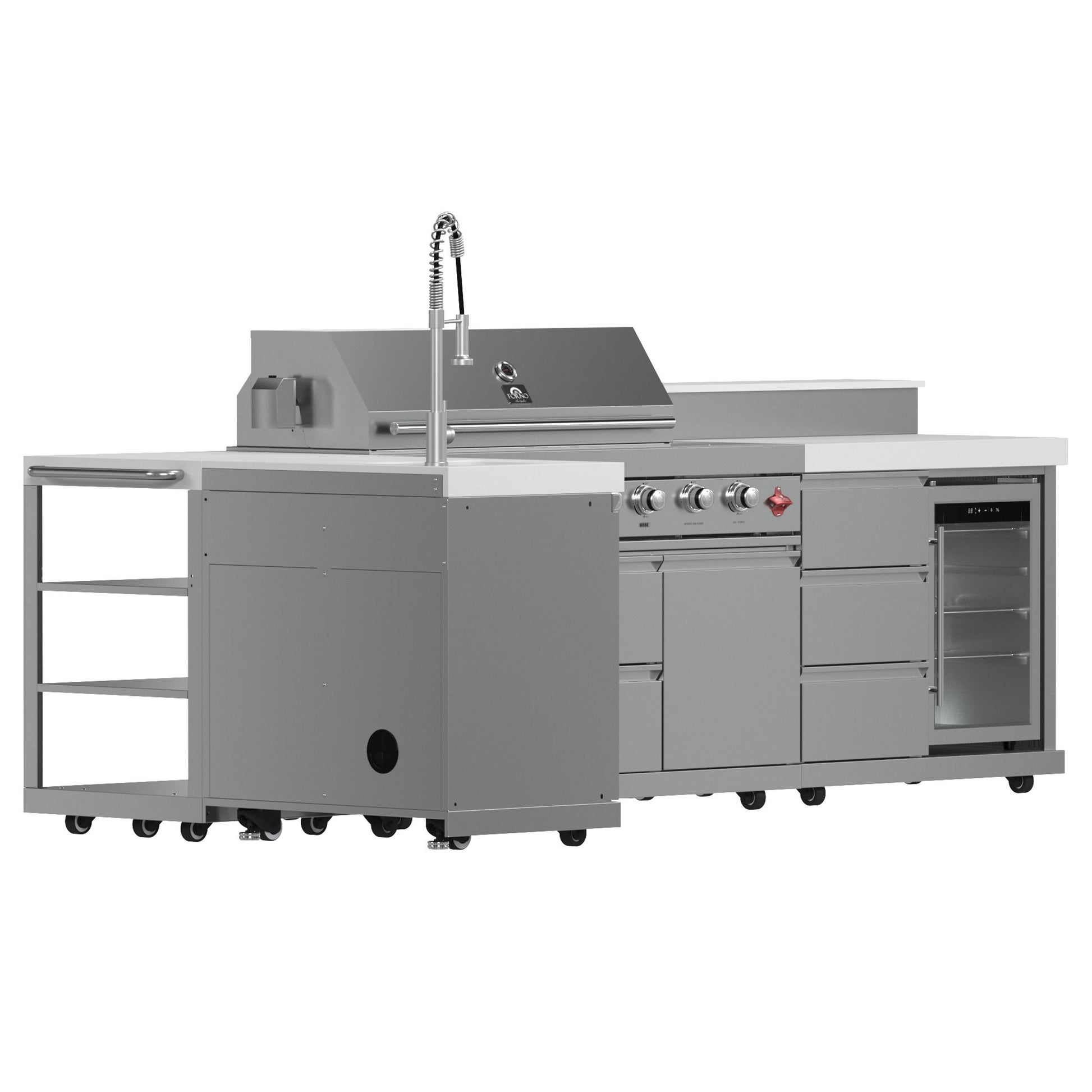 Forno FODKT2520WHT Forno Bulnes 40-Inch Bbq, 95,000 Btu, 5 Burners, Sear & Rotisserie Infrared With Side Burner, Stainless Steel Outdoor Kitchen With 1.8 Cu.Ft. Beverage Center & White Sintered Stone Countertops