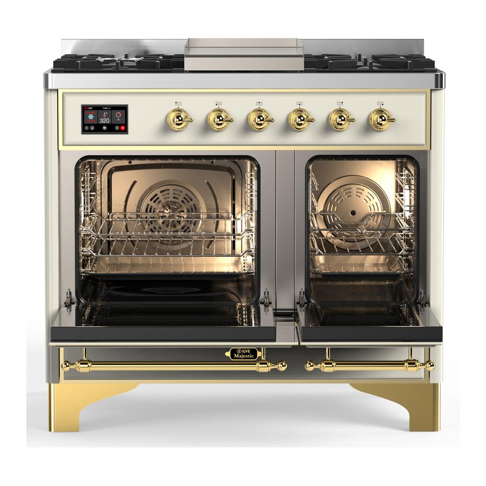 Ilve UMD40FNR3AWGLP Ilve Umd40Fnr3Awglp Majestic Iii 40 Inch Dual Fuel Range With 6 Burners And Griddle, Dual Function Burner Up To 25,000 Btu (Liquid Propane, Triple Glass Door, Antique White, Brass)
