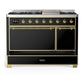 Ilve UM48FQNR3BKG Ilve Um48Fqnr3Bkg Majestic Iii 48 Inch Dual Fuel Range With 8 Burners And Griddle, Dual Function Burner Up To 25,000 Btu (Natural Gas, Solid Door, Glossy Black, Brass)