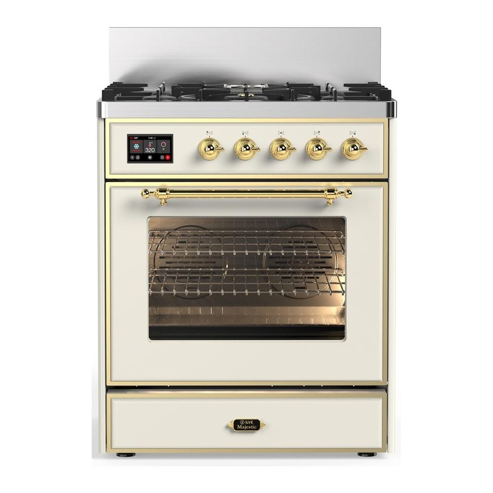 Ilve UM30NR3AWGLP Ilve Um30Nr3Awglp Majestic Iii 30 Inch Dual Fuel Range With 5 Black Brass Burners, Dual Function Burner Up To 25,000 Btu (Liquid Propane, Triple Glass Door, Antique White, Brass)