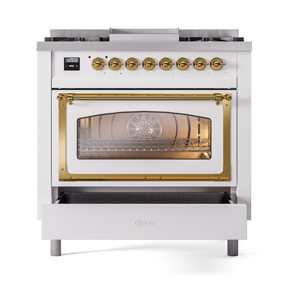Ilve UN36FNMPWHGLP Ilve Un36Fnmpwhglp Nostalgie Ii Noblesse 36" Dual Fuel Range (Liquid Propane, Triple Glass Door, White, Brass)