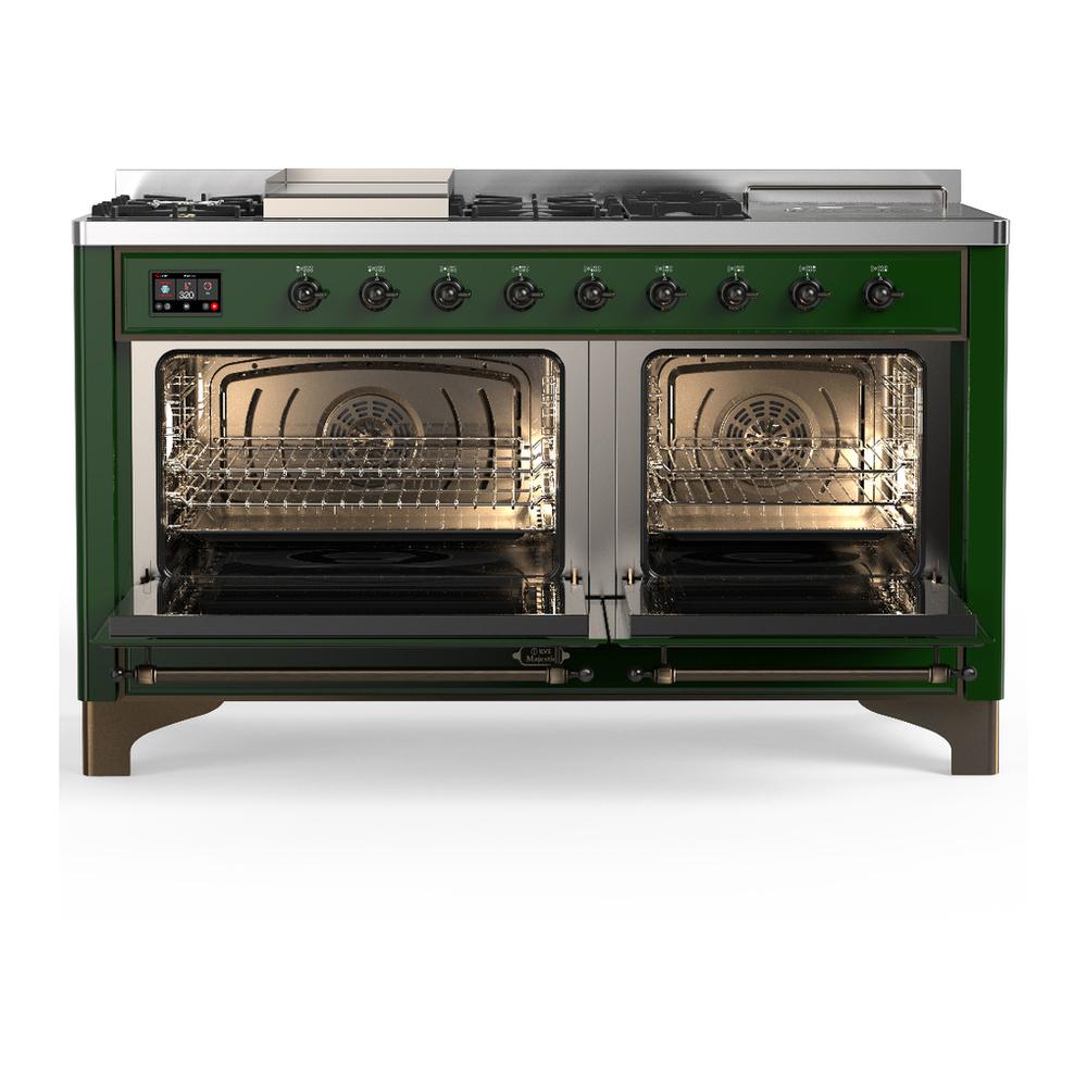 Ilve UM60FSNR3EGBLP Ilve Um60Fsnr3Egblp Majestic Iii 60 Inch Dual Fuel Range With 7 Burners, Griddle And French Top, Dual Function Burner With Up To 25,000 Btu (Liquid Propane, Triple Glass Door, Emerald Green, Burnished)