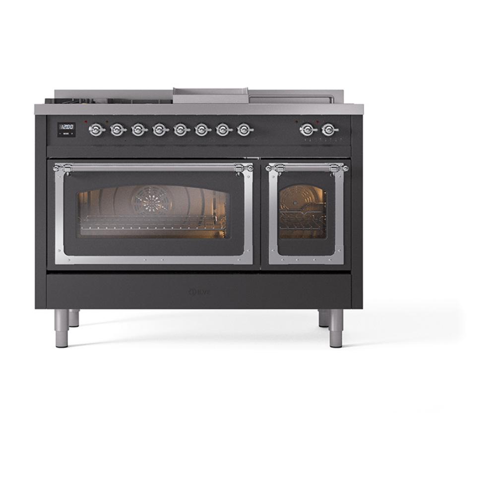 Ilve UN48FSNMPMGCLP Ilve Un48Fsnmpmgclp Nostalgie Ii Noblesse 48" Dual Fuel Range (5 Sealed Burners + Griddle + French Top, Liquid Propane, Triple Glass Door, Graphite Matte, Chrome)