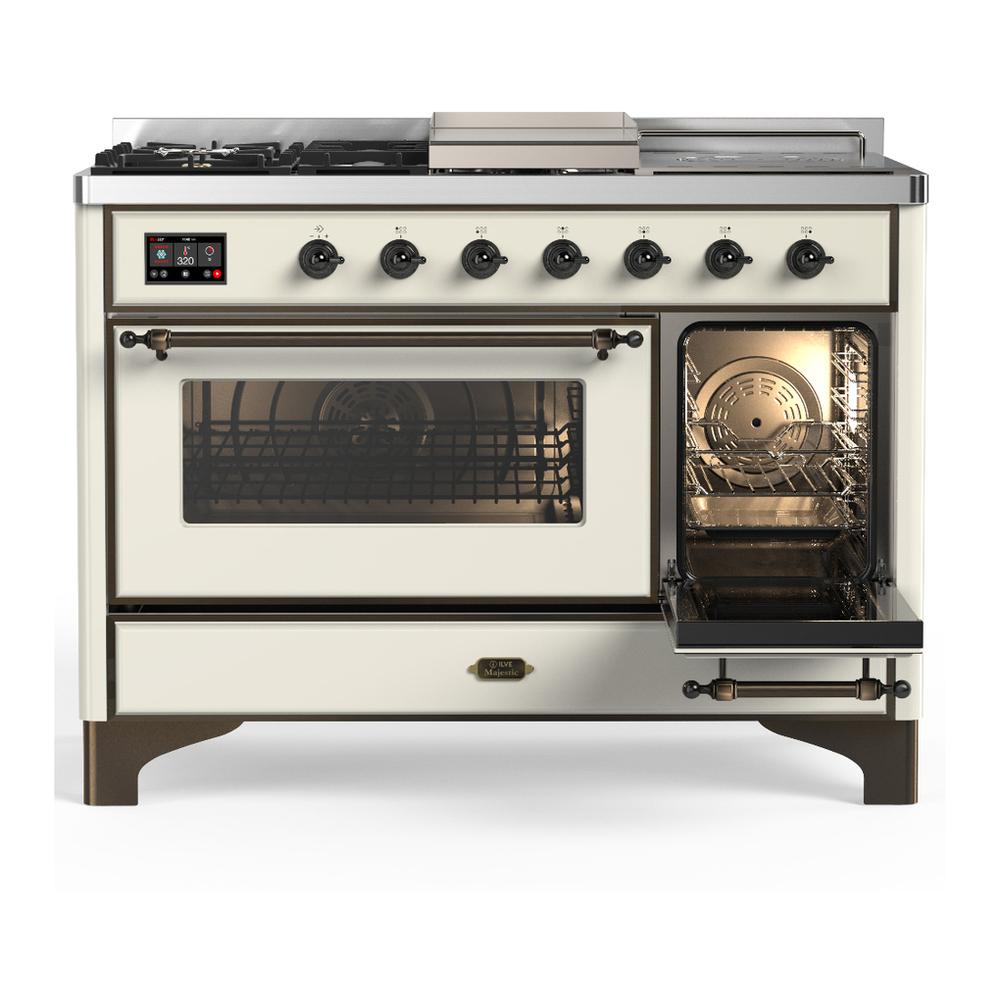 Ilve UM48FSNR3AWBLP Ilve Um48Fsnr3Awblp Majestic Iii 48 Inch Dual Fuel Range With 5 Black Brass Burners, Griddle And French Top, Dual Function Burner Up To 25,000 Btu (Liquid Propane, Triple Glass Door, Antique White, Burnished)
